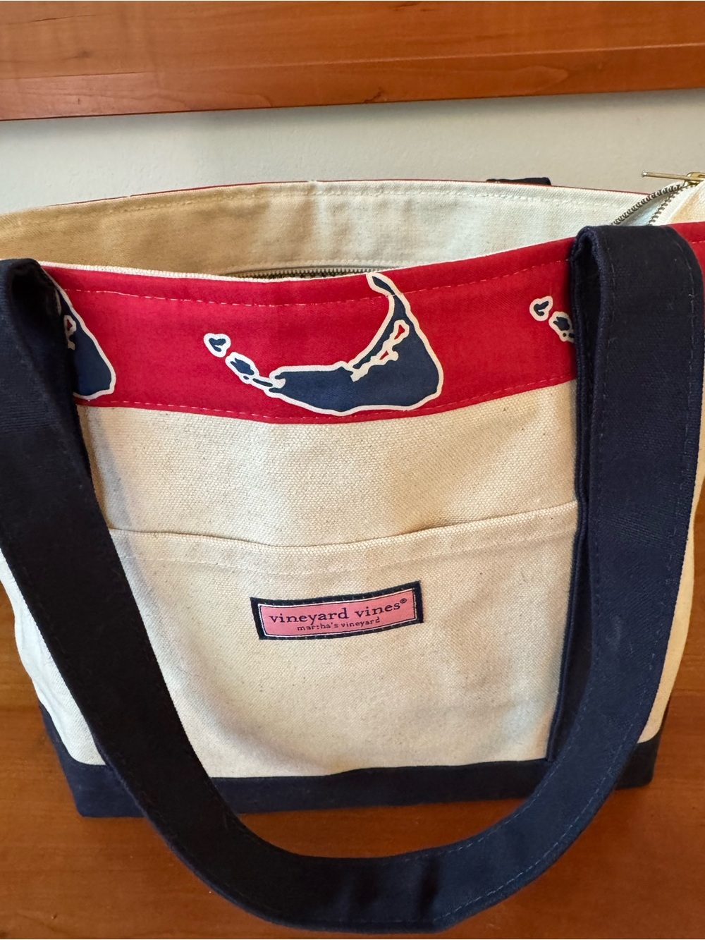 Vineyard Vines Natural Canvas Tote with Navy Straps and Nantucket Map - Picture 2 of 9